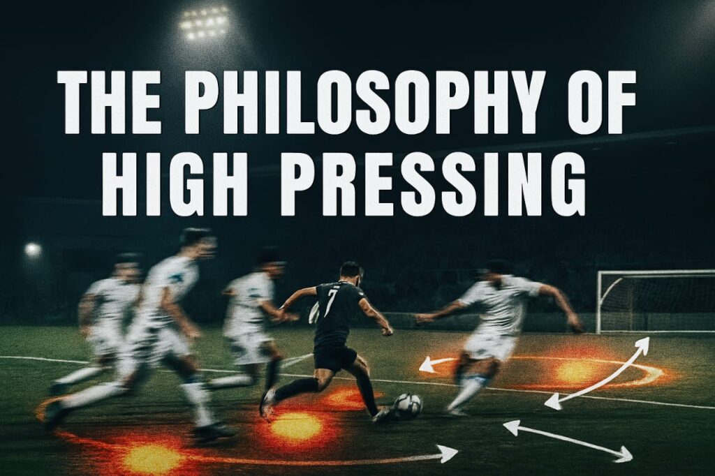 Football players executing high pressing tactics near opponent’s goal under stadium floodlights, with tactical arrows and heat map overlays showing pressure zones — cinematic action scene illustrating strategic intensity in modern football.